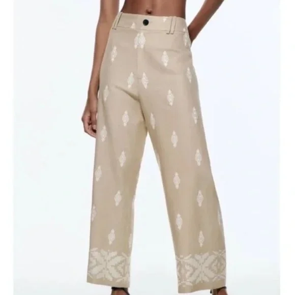 ZARA TAN LINEN BLEND EMBROIDERED WIDE LEG CULOTTE PANTS XS - Picture 1 of 6